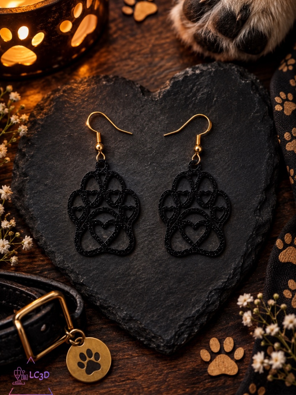 Black Paw Print Heart Dangle Earrings - Pet Lover Jewelry